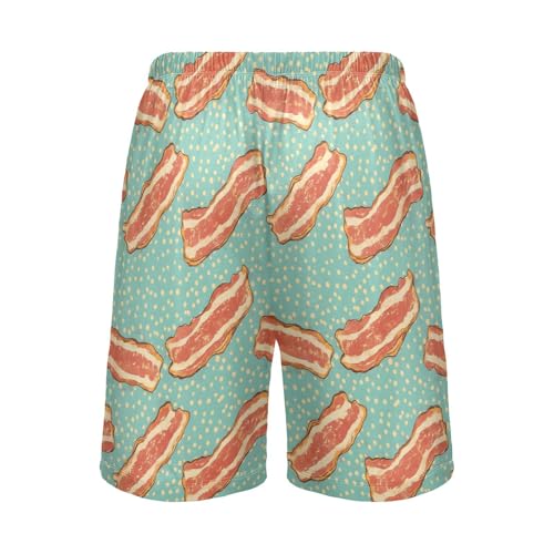 Mens Sleep Shorts Cartoon Bacons Print, Elastic Pajama Pants Sleepwear with Pockets S2