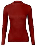 ililily Women Solid Soft Stretchable Jumper Mockneck Casual Ribbed Sweater Top, Dark Red