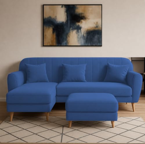 Image of Atticus LHS 4 Seater L Shape Sofa Set with Ottoman for Living Room (Blue Fabric) Premium Fabric Sofa Set