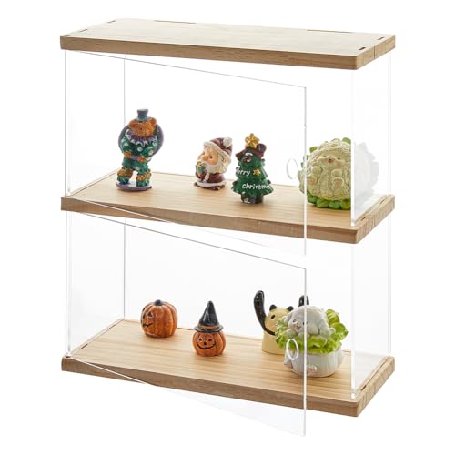 SUPERFINDINGS Vitrina acrílica de 2 Pisos con Base de Madera para coleccionables Vitrina de Madera Transparente para maquetas Expositor de Bloques de construcción