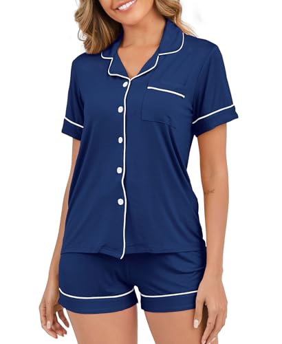 Image of Womens Pajamas Set Short Sleeve Sleepwear Button Down Pjs Shorts Set Soft Pjs Lounge Set With Pockets