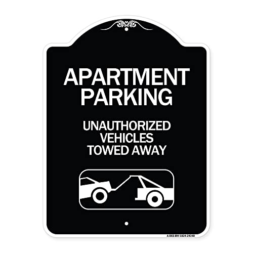 SignMission Designer Series Sign - Apartment Parking - Unauthorized Vehicles Towed Away (with Car Tow Graphic) | Black & White 18" x 24" Heavy-Gauge Aluminum Architectural Sign | Made in The USA