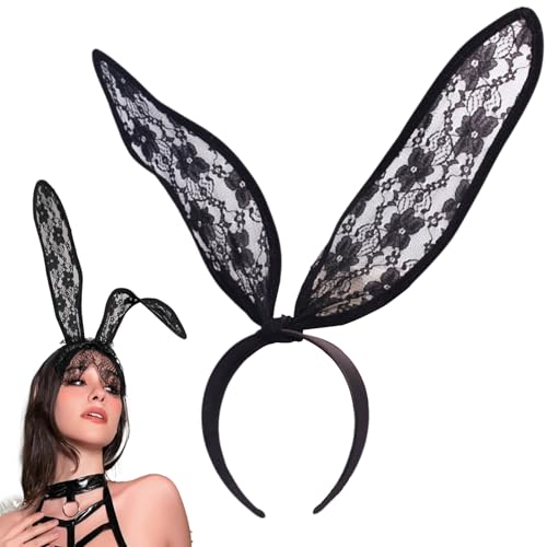 Lace Bunny Ears Headband, Black Sexy Bunny Ears HairBand Rabbit Ears Headband, Bunny Costume Hair Accessory for Women for Party Cosplay Masquerade Halloween Christmas