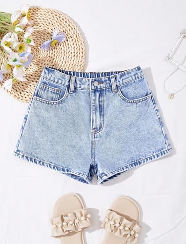 Image of oyyniis Jean Shorts for Teen Girls Ripped Raw Hem High Waist Straight Leg Cute Summer Y2K Denim Shorts 13Y-16Y