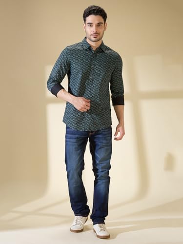 Image of Being Human Olive Slim Straight Fit Regular Collar Long Sleeves Men's Shirt Clothing