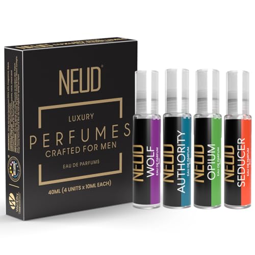 NEUD Luxury Perfume Gift Set for Men - Long Lasting Eau de Parfum (Citrus, Lavender, Cedarwood, Vanilla) – 1 Pack (4 x 10ml Vials)
