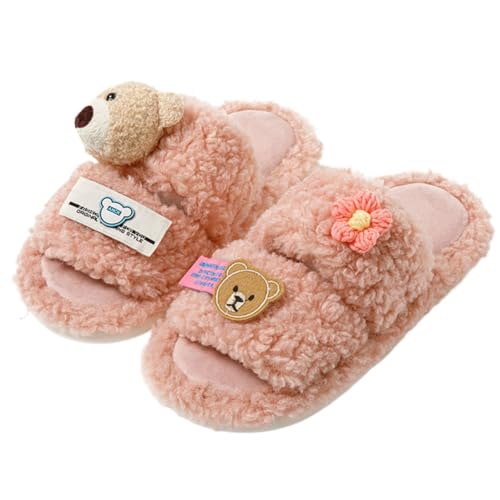 NICO×ASH Women's Cartoon Bear Plush Slippers Y2k Fuzzy Lightweight Soft Bottom Indoor Shoes with EVA Thin Sole for Home & Office