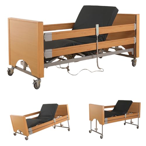 Premium Medizinische Betten mit 5 Funktionen für Zuhause mit verstellbarer Höhe, vollelektrische Krankenhausbetten mit leisen Rädern, Matratze, IV-Ständer, 199.6 kg Belastung (212 x 104 x 28-68 cm)