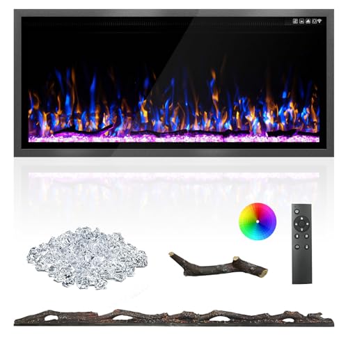Kucreiheat 42 Inch Electric Fireplace Aluminum Frame-Ultra Silm Fireplace Recessed/Wall Mount, Log, Driftwood & Crystal Option, Wall Fireplace Electric w/Remote Control, Thermostat, Timer, 750w/1500w