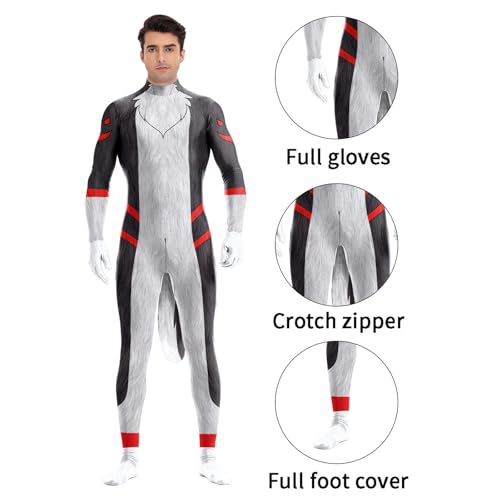 Image of Animal Full Bodysuit for Men Muscle Spandex Jumpsuit Furry Costume with Big Tail for Adult Cosplay Halloween Party