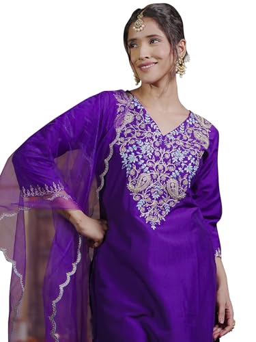 Image of INDO ERA Women's Silk Embroidered Straight Kurta With Pant & Dupatta Set