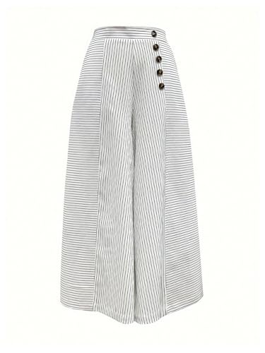 Floerns Women's Striped Baggy Wide Leg Pants Button High Waisted Palazzo Trousers3