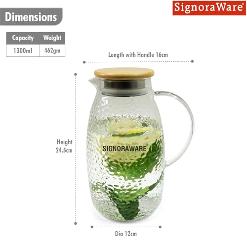 Image of Signoraware BoroLuxe Borosilicate Glass Jug with Bamboo Lid | Heat Resistant | Elegant Airtight Bamboo Lid for Natural Look | Ideal for Water, Juice, Detox & Infused Beverages (1.5 Ltr | Clear)