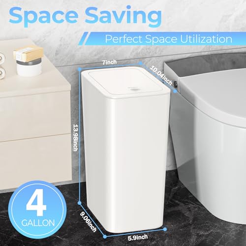Image of 4 Gallon Bathroom Small Trash Can with Lid, 15L Slim Garbage Bin Wastebasket with Pop-Up Lid for Bedroom, Office, Kitchen, Dorm, Fits Under Desk