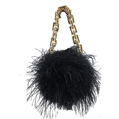 LVCOMEFF Women Ostrich Feather Mini Handbag Purse with Big Gold Chain for Party Fluffy Plush Luxurious