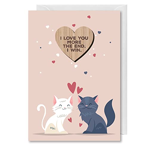 Funny Cat Little Pocket Hug Wooden Heart Token With Postcard - Gift for Girlfriend/Boyfriend/Bestie (Cat, I Love You More, The End I Win)