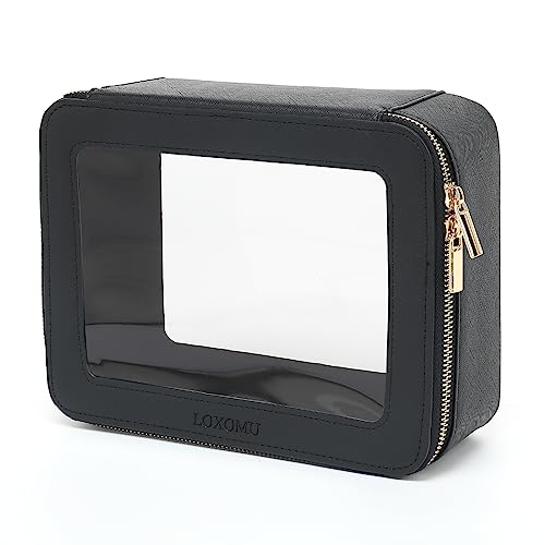 LOXOMU Clear Makeup Bag for Traveling - Transparent Cosmetic Case Clear Toiletry Bag Organizer for Women (Black)