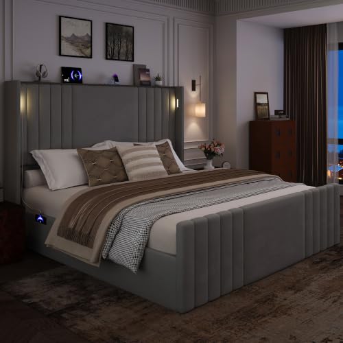 Image of Queen Bed Frame with 55.1 inch Tall Headboard, Velvet Upholstered Platform Bed with Channel Tufted Wingback, 2 Reading Lights /Storage Shelf /Charging Station /Easy Assembly /Noise-Free, Grey