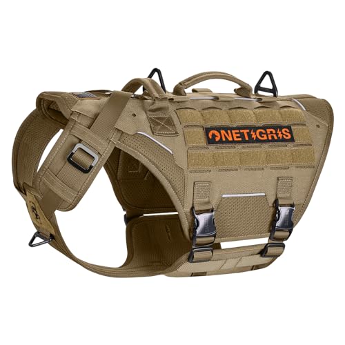 OneTigris Hundegeschirr, Torpedo Taktisches Geschirr mit 4 Metallschnallen 3 Metall-D-Ringen 2 Griffe und Reflexstreifen No-Pull Einstellbar Sicherheitsgeschirr für Große/Mittlere Hunde - Braun L