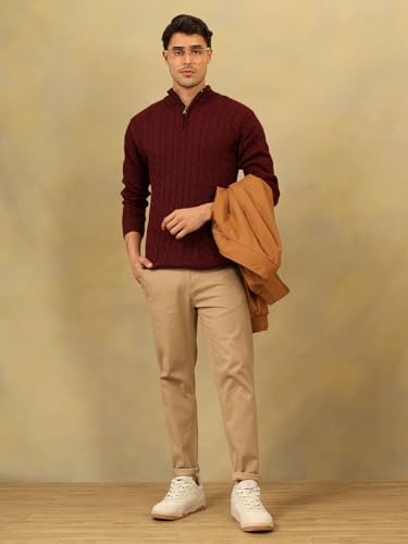 Image of Kvetoo Men's Wool High Neck Zipper Sweater, Full Sleeve Cable Knit Quarter Zip Winter Pullover