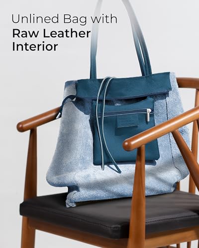 Image of Genuine Italian Leather Tote Bag for Women, Large Slouchy Purse, Teal | Unstructured bag, raw unlined interior with zip pocket, top zipper, side ties, folds flat, fits a 16-inch laptop, lightweight