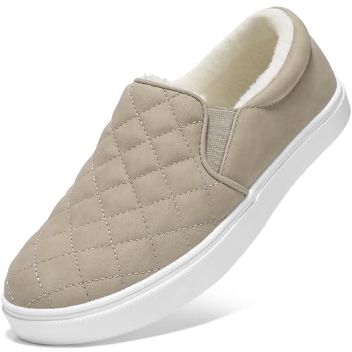 STQ Fur Lined Casual Shoes for Women Memory Foam Slip On Winter Sneakers Cozy Comfortable Loafers Taupe Lined 8