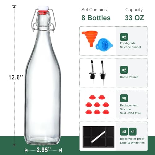 8 Pack [1 L / 33 fl. oz.] Swing Top Glass Bottles w/ Airtight Stopper Lids – Flip Top Brewing Bottle for Fermentation, Kombucha, Mead, Vinegar, Beer, Kefir, Wine, Soda – With 8 Extra Seals & 2 Pourer - Image 4