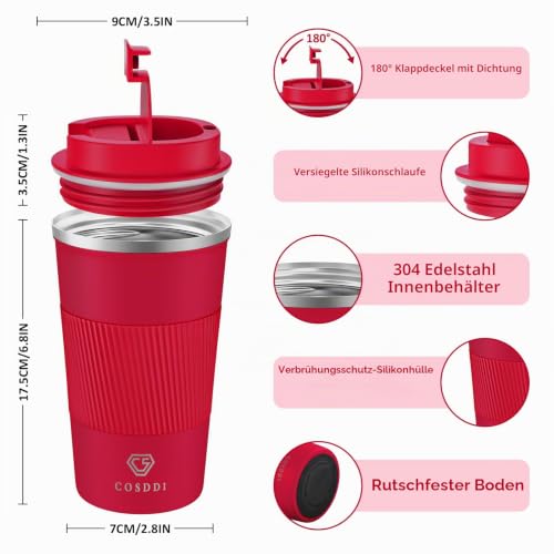 CS COSDDI Thermobecher- Isolierbecher, Edelstahl Travel Mug, 18oz/510ml Vakuum auslaufsicher Reisebecher mit Deckel, Autobecher… – Ansicht 5