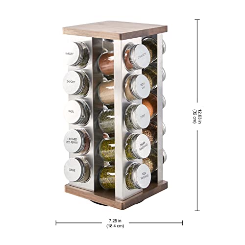 Image of Kamenstein 20 Jar Vintage Revolving Countertop Spice Rack Organizer with Spices Included, FREE Spice Refills for 5 Years, Wood and Stainless Steel with Metal Caps (Pack of 2)