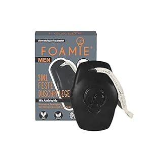 Foamie What A Man, 3-in-1 vaste douchegel en shampoo voor mannen, met actieve kool, gezichtsreiniging, 100% veganistisch, voor huid en haar, vaste douche 90 g