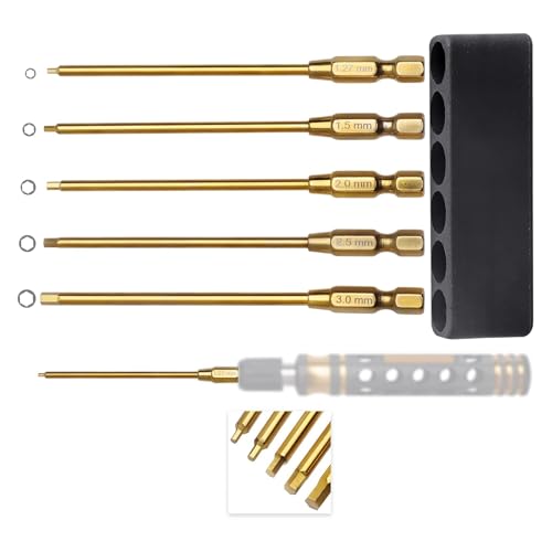 FriHobby 1/4' Drivers 1.27mm(0.05') 1.5mm 2mm 2.5mm 3mm Titanium RC Hex Driver Bit Set Quick Change Allen Key Wrench Combo for Electric Screwdrivers/Power Drill Fit Traxxas Axial RC Cars Repairing