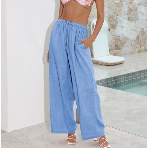 Image of Duyang Womens Cotton Linen Palazzo Pants Drawstring Elastic Waist Casual Wide Leg Trousers with Pockets