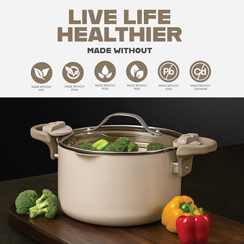 GOTHAM STEEL 5 Qt Ceramic Stock Pot Multipurpose Pasta Pot with Strainer Lid & Twist and Lock Handles, Nonstick Ceramic Pot for Soup, Spaghetti, Rice, Pots for Kitchen, Dishwasher Safe - Cream