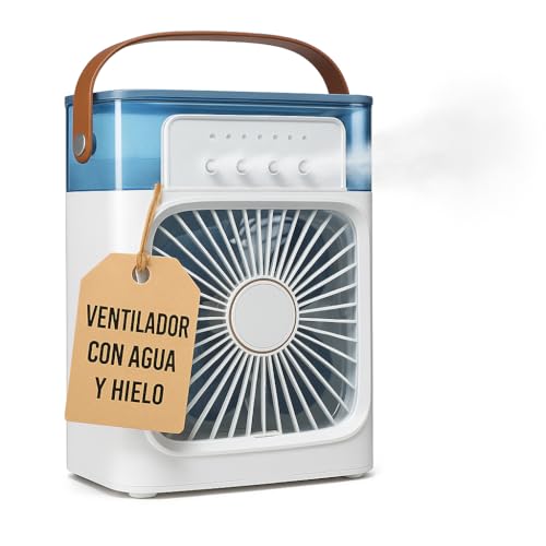 Ventilador con Hielo y Agua y Doble Cabezal 360°, Nebulizador Hielo 600 ml, Oscilante 90°/180°, Compacto Mochila, Sobremesa, Escritorio y Viaje (Mediano)