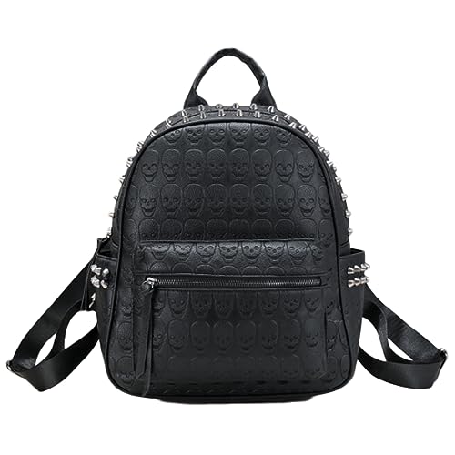 Image of Women Punk Rivets Backpack Skull Printed Daypack Purse PU Leather Shoulder Bags Satchel Black