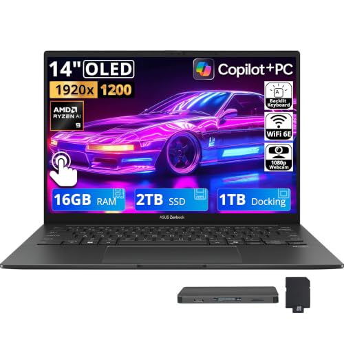 Image of ASUS Zenbook 14 14 inch 2K OLED Touchscreen Laptop, AMD Ryzen AI 9 465, 16GB LPDDR5X, 3TB Storage(2TB SSD+1TB Docking Station), AMD Radeon Graphics, Copilot+ PC, Backlit Keyboard, Win 11, Jasper Gray