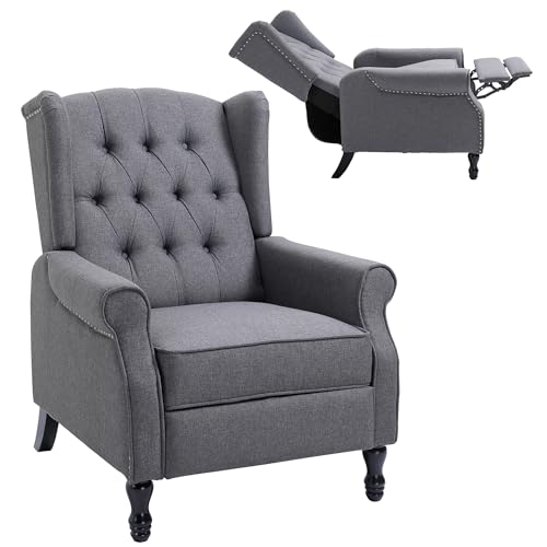 HOMCOM Recliner Armchair, Vintage Reclining Chair with Nail Head Trim, Wingback Chair with Button Tufted Back and Footrest, for Living Room, Grey