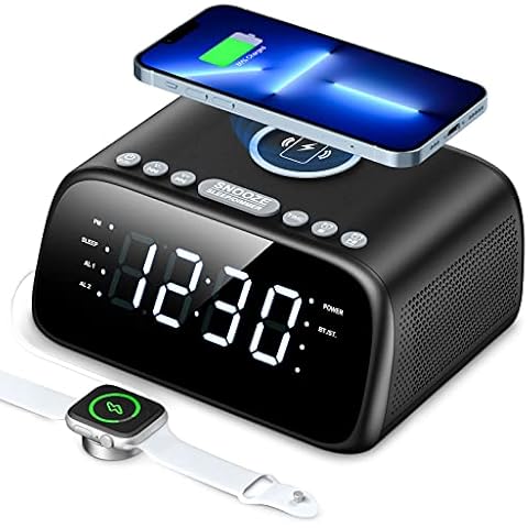 Gueray Bedside Clock Radios with Alarm Digital Alarm Clock with 10W Fast Wireless Charging Station Dual Alarm with Radio Bluetooth Speaker LED Display Auto-Off Timer Mains Powered with Battery Backup Cover
