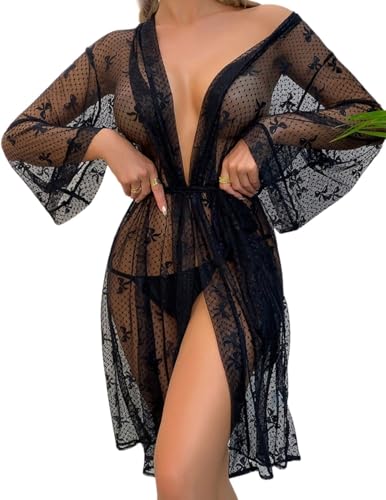 PARUPRUP Bata sexy tipo kimono de malla transparente para mujer, con encaje de mariposa, cuello en V, ropa de dormir con cinturón, manga larga, bata de baño para novia, dama de honor, salida de baño