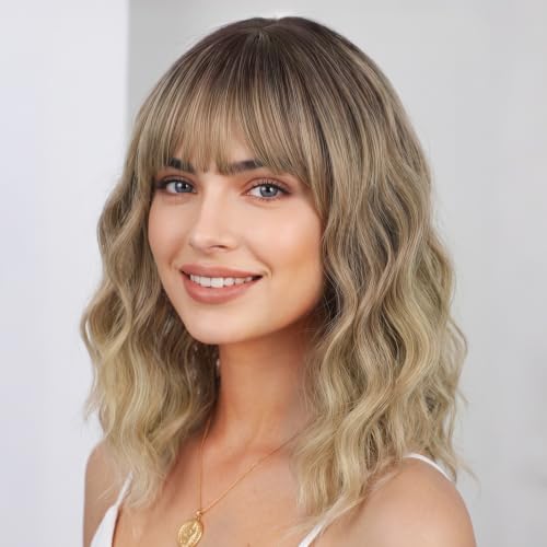 Image of AISI HAIR Curly Bob Wig with Bangs Ombre Blonde Color Short Wavy Wigs for Women Bob Style Synthetic Heat Resistant Bob Wigs