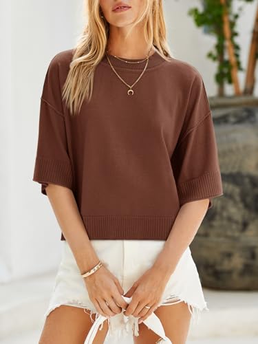 Image of Saodimallsu Womens Short Sleeve Sweater Summer Oversized Cropped Sweaters Casual Crewneck Lightweight Knit Tops