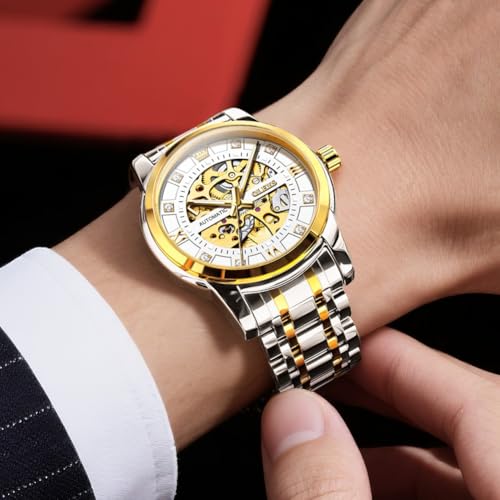 Image of OLEVS Mens Automatic Watch Skeleton Diamond Luxury Mechanical Self Winding Dress Wrist Watch Waterproof Luminous