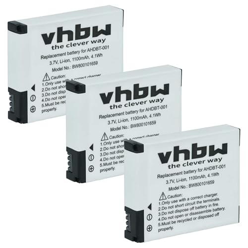 vhbw 3X Batterie Compatible avec GoPro HD Naked Hero, Helmet Hero, Surf Hero, Motorsports Hero, Hero caméra vidéo caméscope (1100mAh, 3,7V, Li-ION)