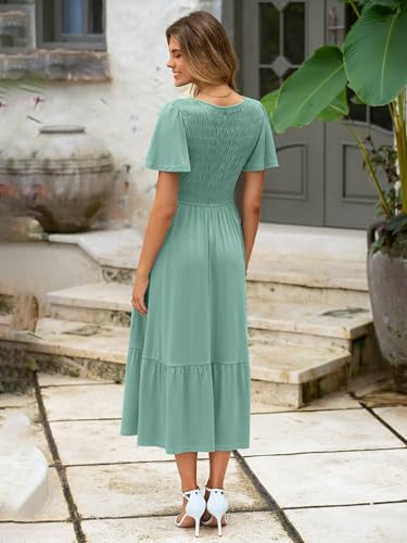 Image of Simplee Womens Summer Smocked Flowy Dress - Casual Flutter Sleeve Tiered Boho Maxi Dresses with Pockets