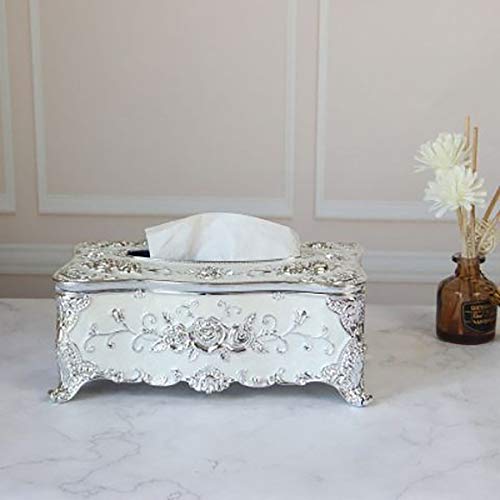 Tissue Cover Holder,Creative Embossed Roses and Rhinestones Rectangular Acrylic Tissue Box Cover Dispenser Napkin Organizer for Bathroom Bedroom Office and Car (White-Silver)