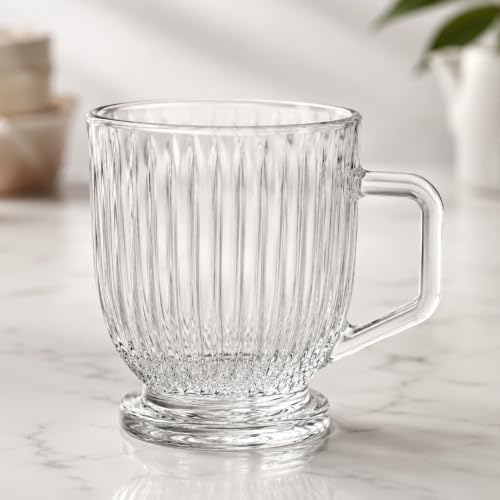 Image of IndusBay Fluted Glass Tea Cups with Handle [Pack of 6] (160ml) - Premium Crystal Clear Coffee Mugs, Vintage Ribbed Chai Glasses |Lead-Free & BPA-Free
