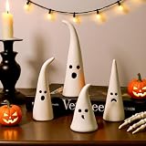 Pawliss Halloween Decor Ceramic Ghost: 4 pcs Cute Halloween Decorations Indoor, Rustic Witch Hat Shape Ghost Figurine, Farmhouse Table Desk Tiered Tray Mantel Fireplace Decor for Kids Home Office