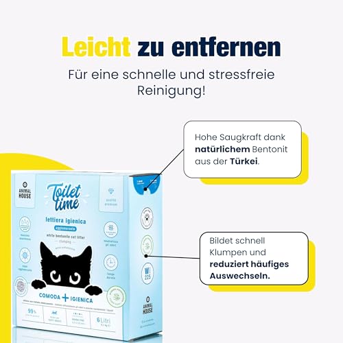 Animal House Toilet Time, 6L weißes Bentonit-Katzenstreu, antistatisch und sicher, extrem saugfähig, klumpend, geruchsbindend, 5,1 kg (weiß, 6L)