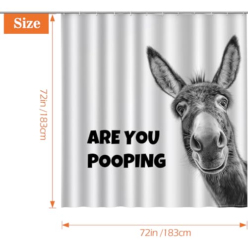 Image of Aimego Funny Donkey are You Pooping Shower Curtain Novelty Hilarious Whimsical Rustic Farmhouse Black and White Bathroom Bath Decor Bathtub Curtain Fabric Shower Curtain Set with 12 Hooks, 72 inchx72 inch