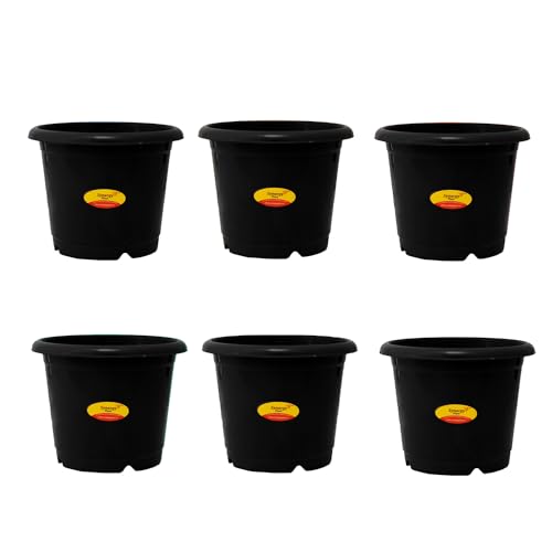 Image of Synergy Plast Plastic Round Shape Flower Pots 6 Pcs, 12 Inch Heavy Duty Plant Containers /Planter /Gamla /Plant Pot for Gardening, Balcony, Terrace, Home Decor Indoor & Outdoor Planting (Black)